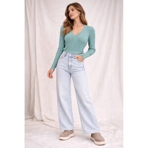 Truth by Republic Ribbed Knit‎ V-Neck Sweater Teal Small